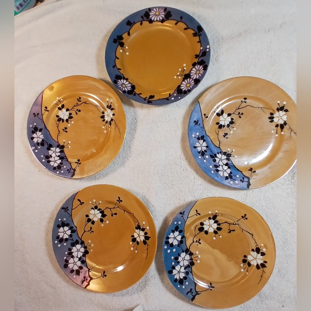 Vintage 5 Lusterware Plates Made In Japan Purple, Gold W Black & White Floral